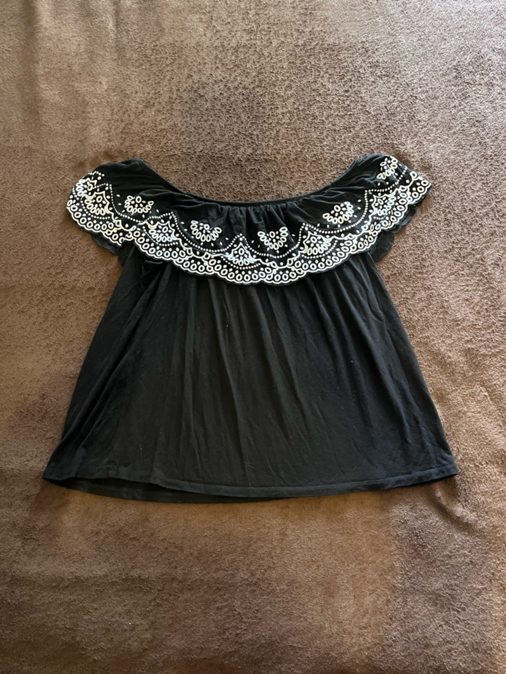 Black Off-Shoulder Top with White Embroidered Trim